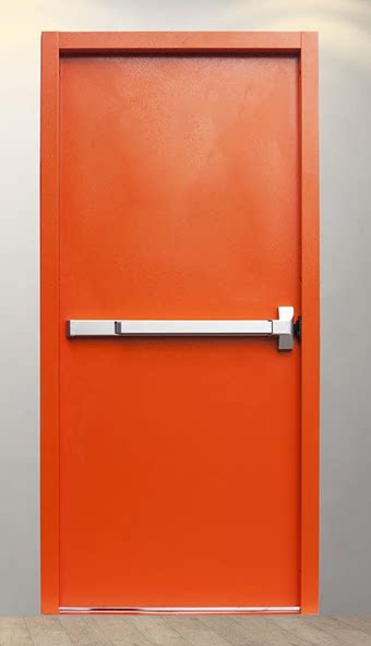 Red door fitted with a horizontal panic push bar