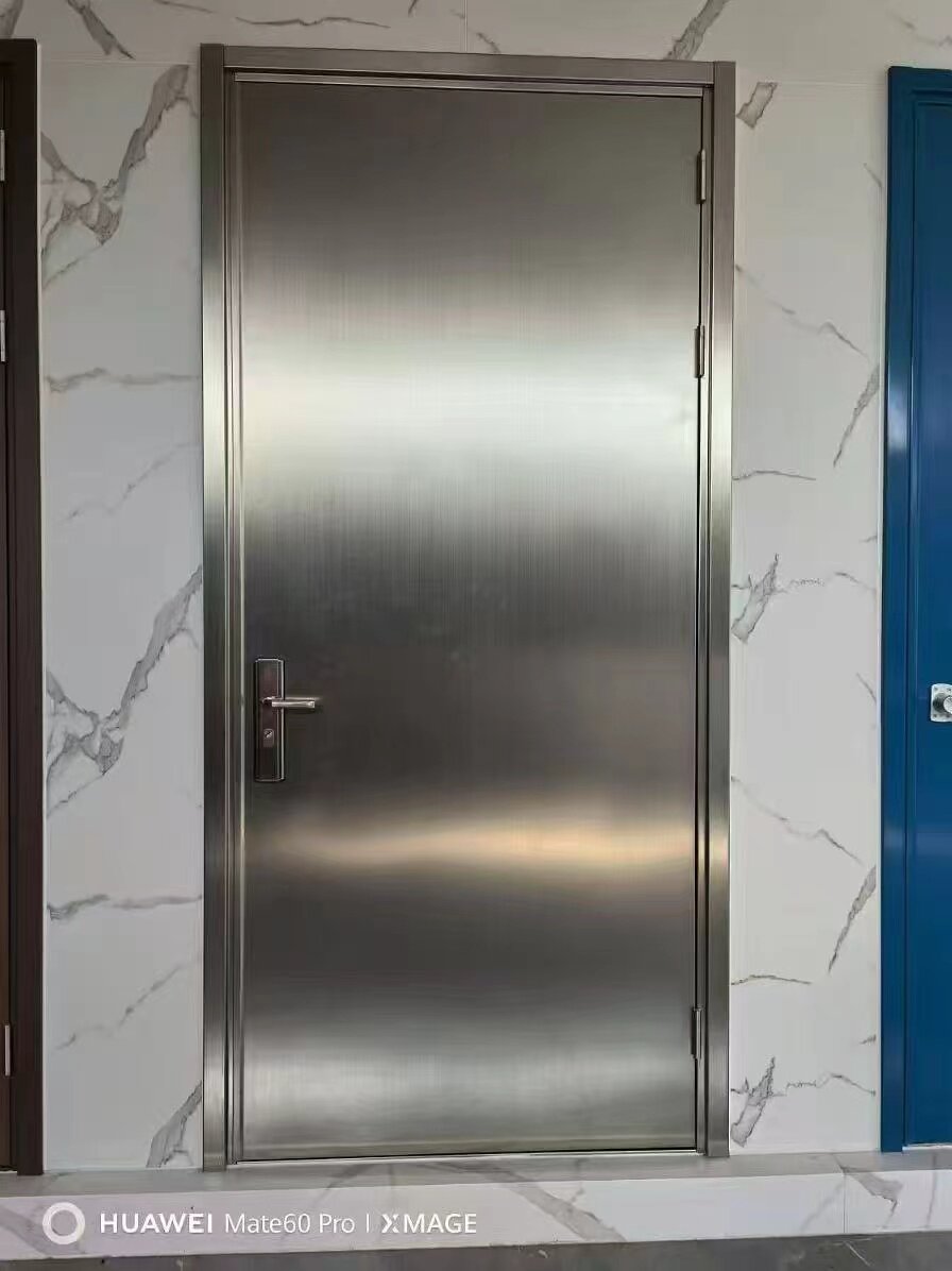 Stainless steel door with a brushed finish and lever handle